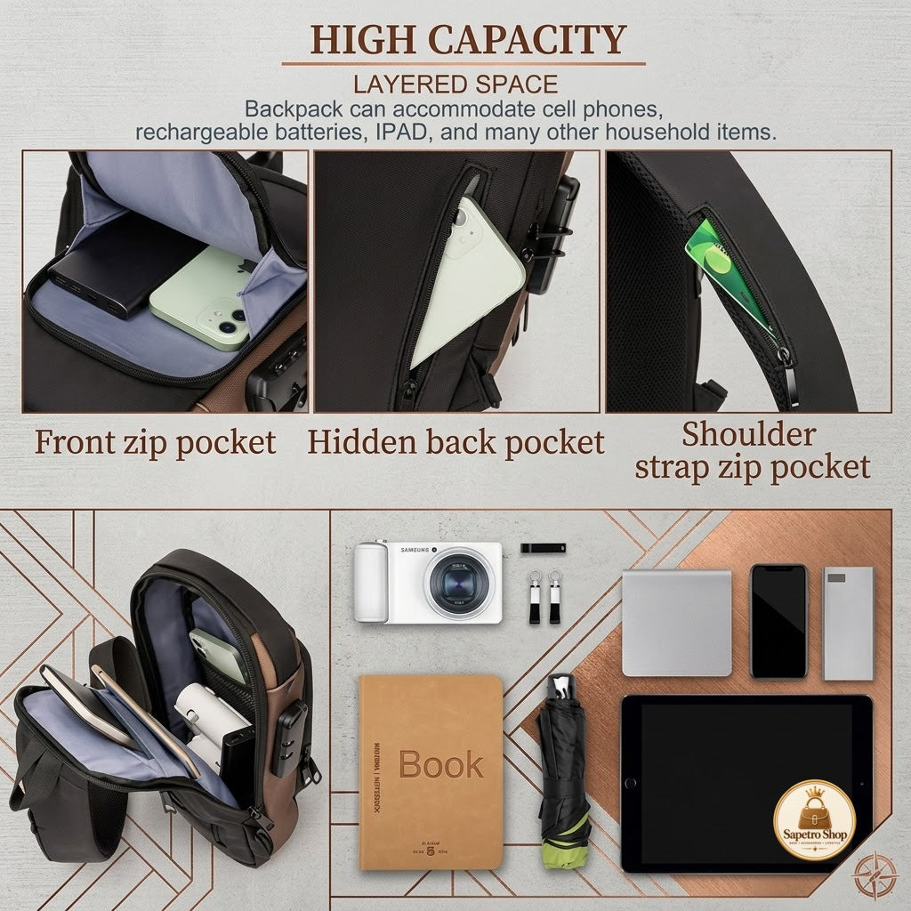 Anti Theft Sling Bag Multi Compartment Travel Water-Resistant Bag Shoulder Chest Bag with USB Coded Lock Outdoor Sports Phone Waist Bag Sling Bag for Men Women